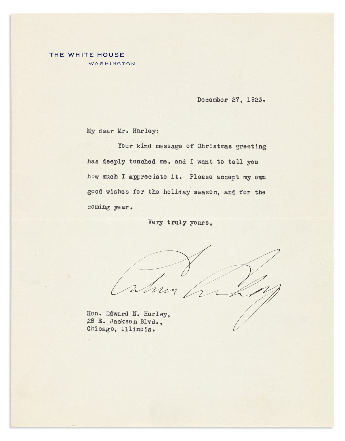 COOLIDGE, CALVIN. Archive of 15 Typed Letters Signed, 13 as President, to former Chairman of the Federal Trade Commission Edward N. Hur